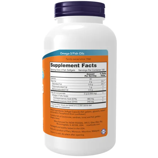 NOW Foods Omega-3 Molecularly Distilled Fish Softgels 200 Softgels