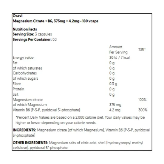 Osavi Magnesium Citrate + B6 375mg + 4.2mg Capsules 180 Capsules