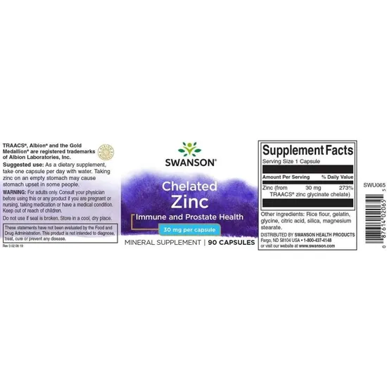 Swanson Chelated Zinc 30mg Capsules 90 Capsules