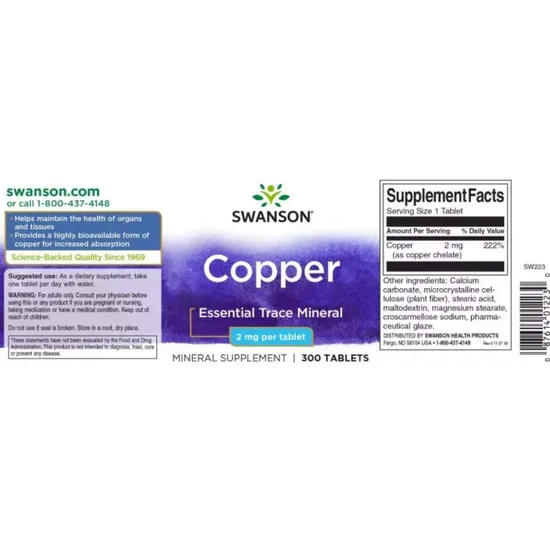 Swanson Copper 2mg Tablets 300 Tablets