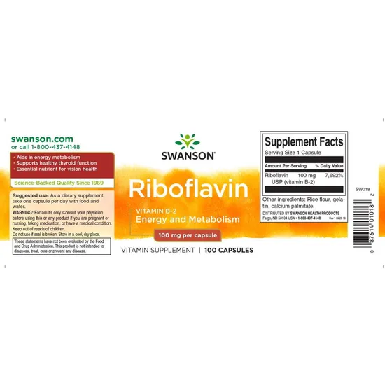 Swanson Riboflavin Vitamin B2 100mg Capsules 100 Capsules