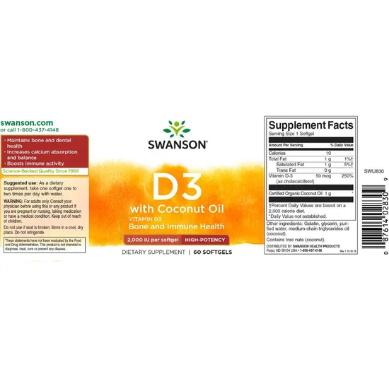 Swanson Vitamin D3 With Coconut Oil 2000iu Softgels 60 Softgels