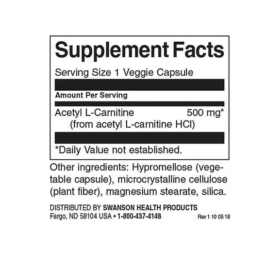 Swanson Acetyl L-Carnitine 500mg Capsules 100 Capsules