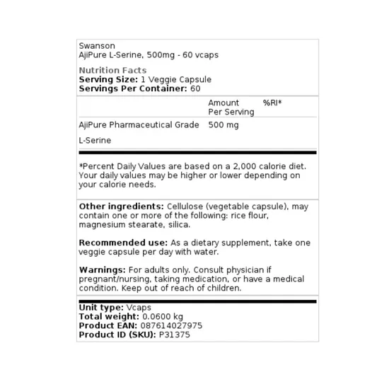 Swanson L-Serine 500mg Capsules 60 Capsules