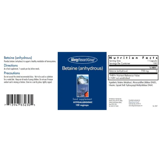 Allergy Research Group Betaine Anhydrous 750mg Capsules 100 Capsules