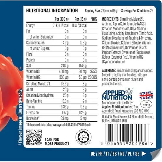 Applied Nutrition Pump 3g Pre-Workout Zero Stimulant Fruit Burst 375g