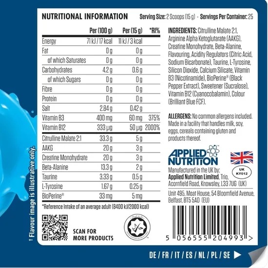 Applied Nutrition Pump 3g Pre-Workout Zero Stimulant Icy Blue Raz 375g
