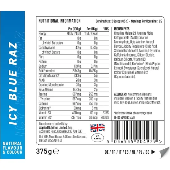 Applied Nutrition Pump 3g Pre-Workout Icy Blue Raz 375g