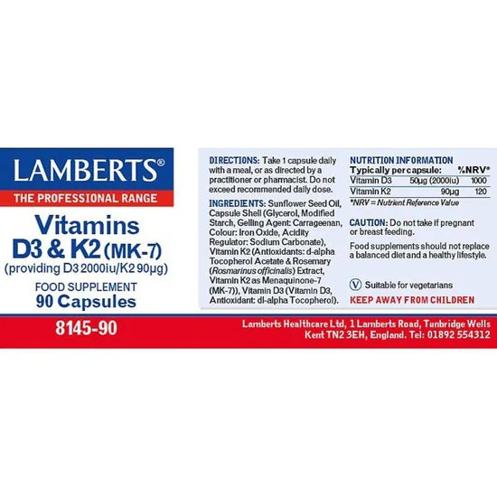 Lamberts Vitamin D3 2000iu & K2 Capsules 90 Capsules