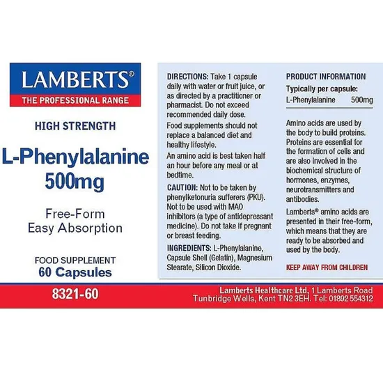 Lamberts L-Phenylalanine 500mg Capsules 60 Capsules