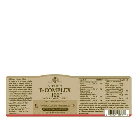 Solgar Vitamin B-Complex "100" Extra High Potency Vegetable Capsules 50 Capsules