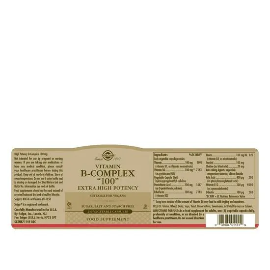 Solgar Vitamin B-Complex "100" Extra High Potency Vegetable Capsules 50 Capsules