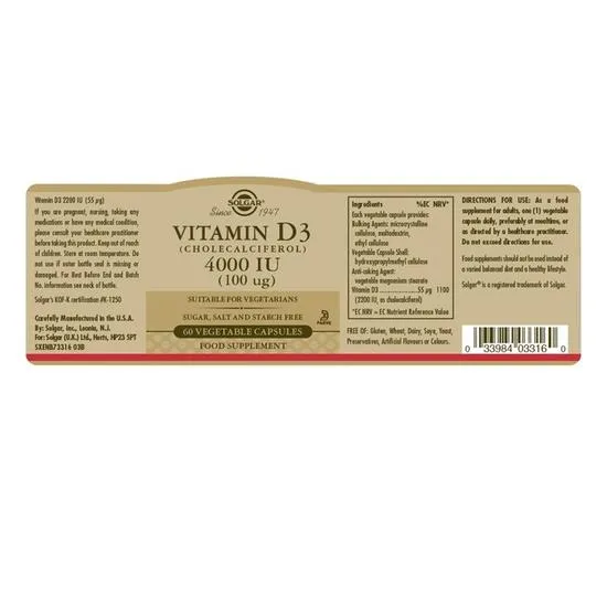 Solgar Vitamins Vitamin D3 Cholecalciferol 4000 IU 100 Ug x60