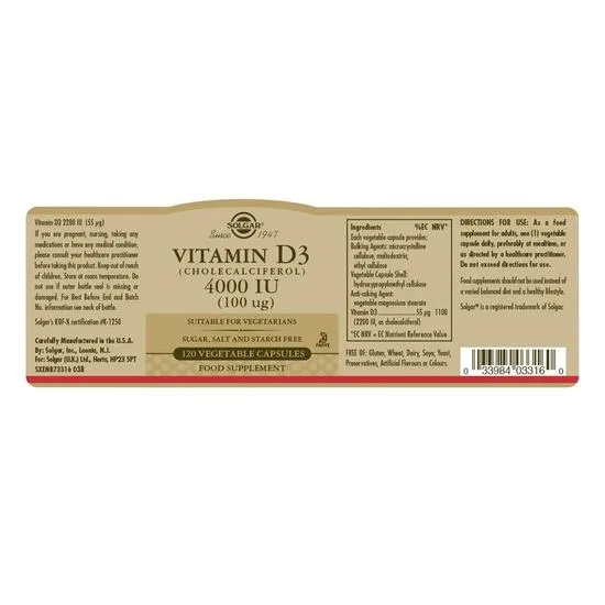 Solgar Vitamins Vitamin D3 Cholecalciferol 4000 IU 100 Ug x60