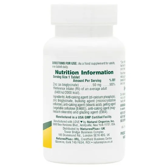 Nature's Plus Zinc 50mg Tablets 90 Tablets