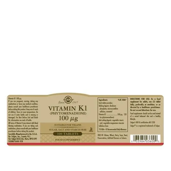 Solgar Vitamin K1 Natural 100ug Tablets 100 Tablets