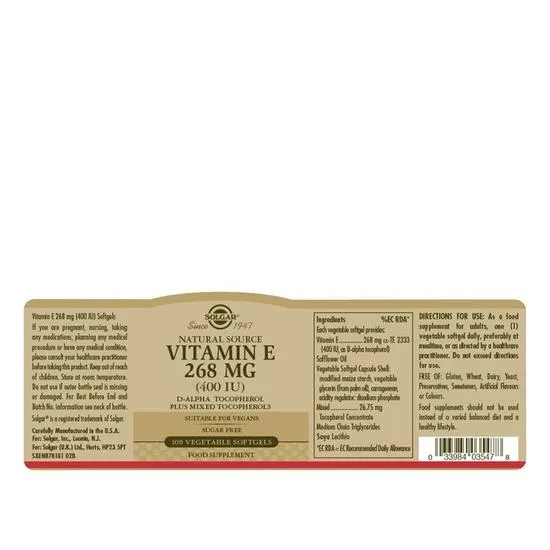 Solgar Vitamin E 268mg 400iu Vegetarian Softgels 50 Softgels