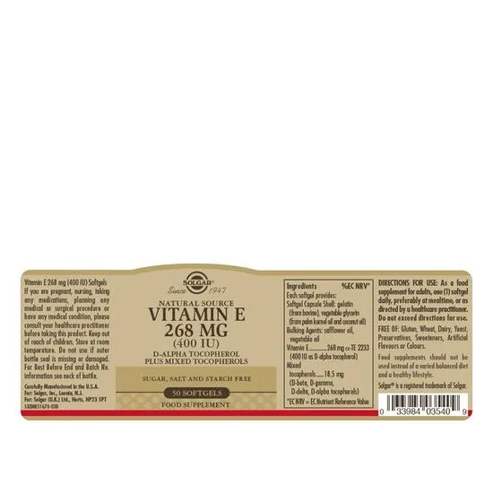 Solgar Vitamin E 268mg 400iu Mixed Softgels 50 Softgels