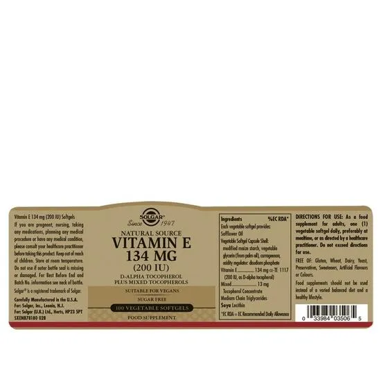 Solgar Vitamin E 134mg 200iu Vegetarian Softgels 50 Softgels