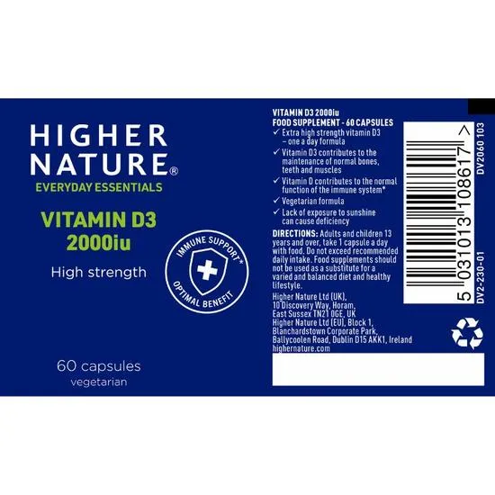 Higher Nature Vitamin D3 2000iu Vegicaps 60 Vegicaps