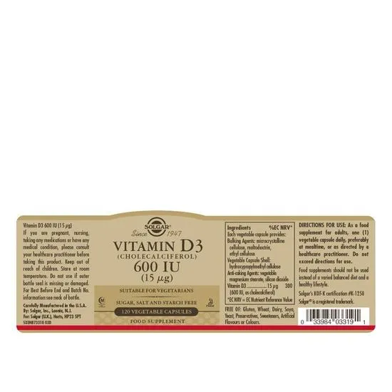 Solgar Vitamin D3 15ug 600iu Vegicaps 60 Vegicaps