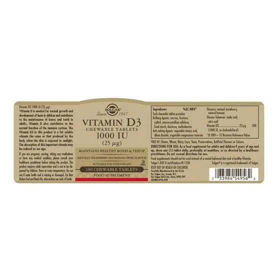 Solgar Vitamin D3 1000iu Chewable Tablets 100 Tablets