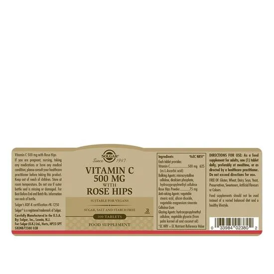 Solgar Vitamin C 500mg With Rose Hips Tablets 100 Tablets