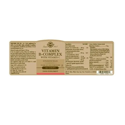 Solgar Vitamin B-Complex With Vitamin C Tablets 100 Tablets