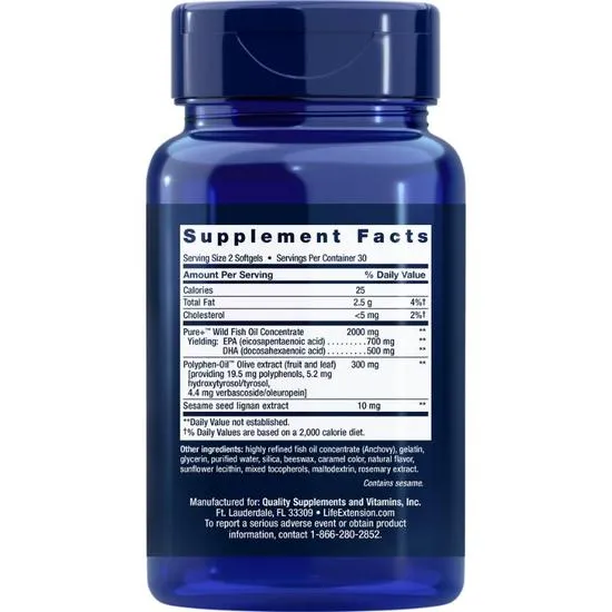 Life Extension Super Omega-3 EPA/DHA With Sesame Lignans & Olive Extract Softgels 60 Softgels
