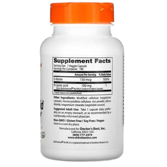 Doctor's Best Stabilised R-Lipoic Acid With BioEnhanced Na-RALA 100mg Vegicaps 60 Vegicaps