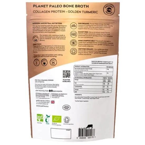 Planet Paleo Organic Bone Broth Collagen Protein Golden Turmeric 225g