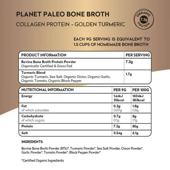 Planet Paleo Organic Bone Broth Collagen Protein Golden Turmeric 225g
