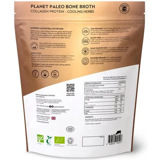 Planet Paleo Organic Bone Broth Collagen Protein Cooling Herbs 225g