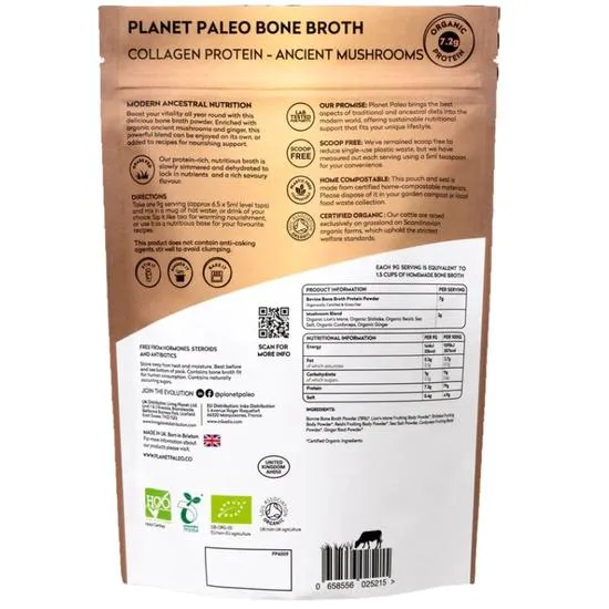 Planet Paleo Organic Bone Broth Collagen Protein Ancient Mushrooms 225g