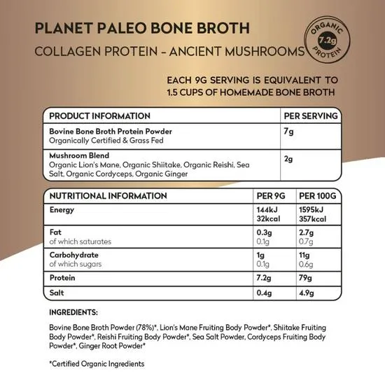 Planet Paleo Organic Bone Broth Collagen Protein Ancient Mushrooms 225g