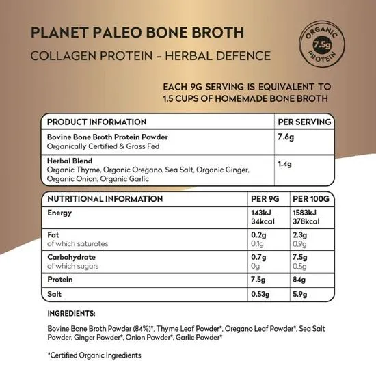 Planet Paleo Organic Bone Broth Collagen Protein Herbal Defence 225g