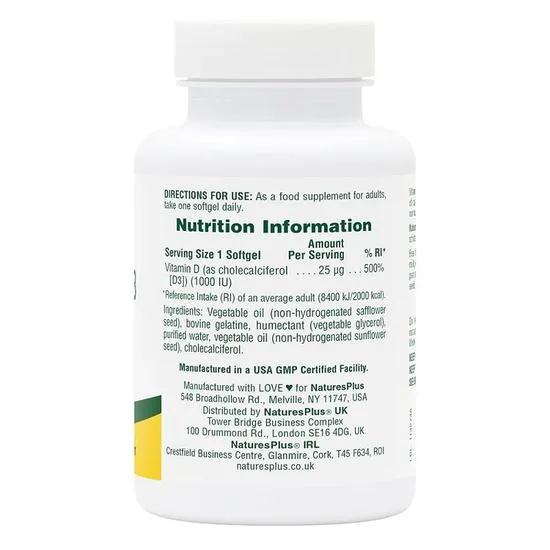 Nature's Plus Vitamin D3 1000iu Softgels 180 Soft Gels