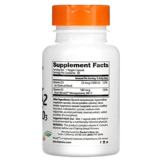 Doctor's Best Natural Vitamin K2 MK7 With MenaQ7 Plus D3 180mcg 60 Capsules