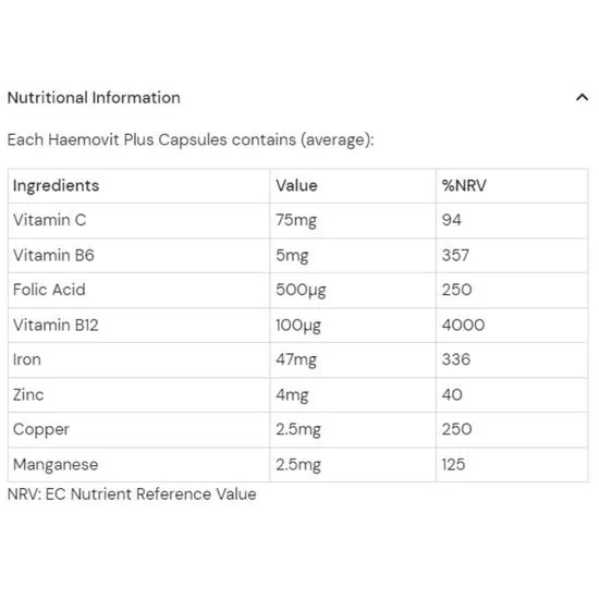 Health Aid Haemovit Plus Iron VitB12 Vit B6 Folic Acid Capsules 30 Capsules