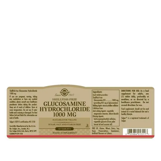 Solgar Glucosamine Hydrochloride 1000mg Shellfish-Free Tablets 60 Tablets