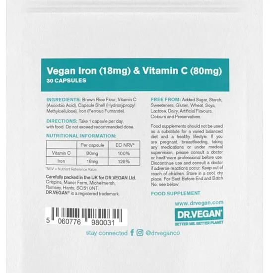Dr Vegan Gentle Iron 18mg & Vitamin C 80mg Capsules 30 Capsules