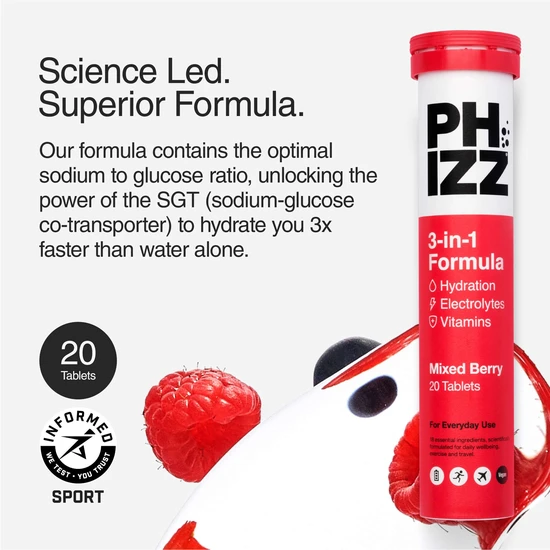 Phizz 3-in-1 Mixed Berry Hydration, Electrolytes & Vitamin Tablets 60 Effervescent Tablets