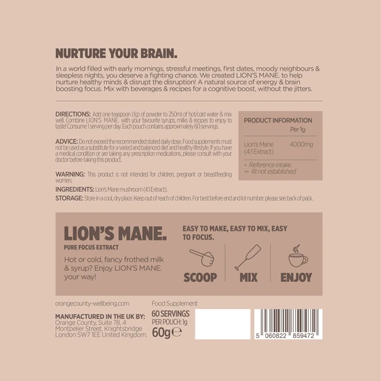 Orange County Wellbeing Lion's Mane Extract Powder 60 Servings
