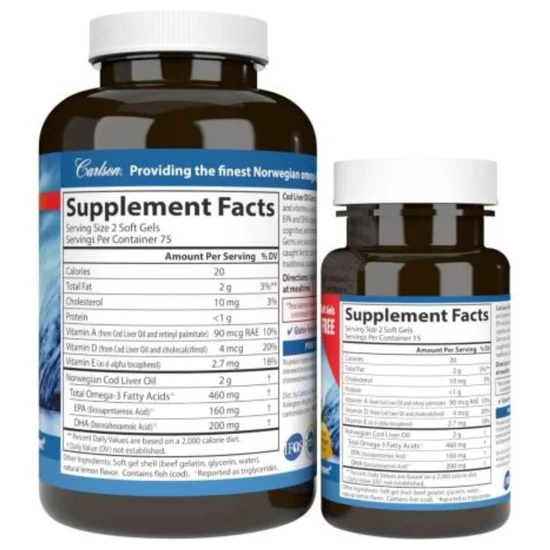 Carlson Labs Wild Norwegian Cod Liver Oil Gems 460mg Softgels + 30 150 Softgels