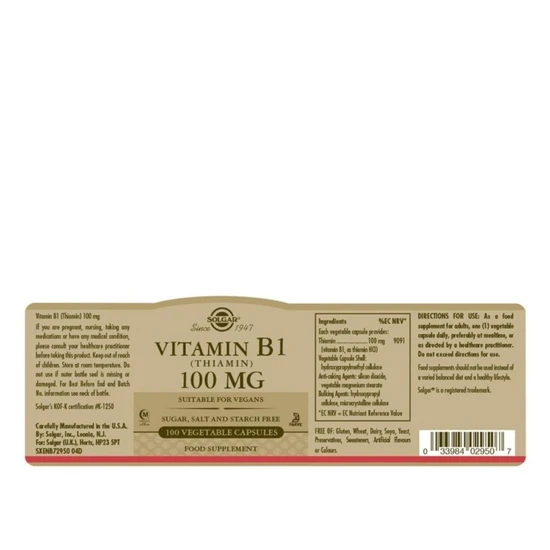 Solgar Vitamin B1 500mg Tablets 100 Tablets