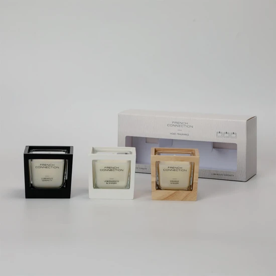 French Connection Wooden Collection Candle Trio Of Candles Gift Set 3 x 50g