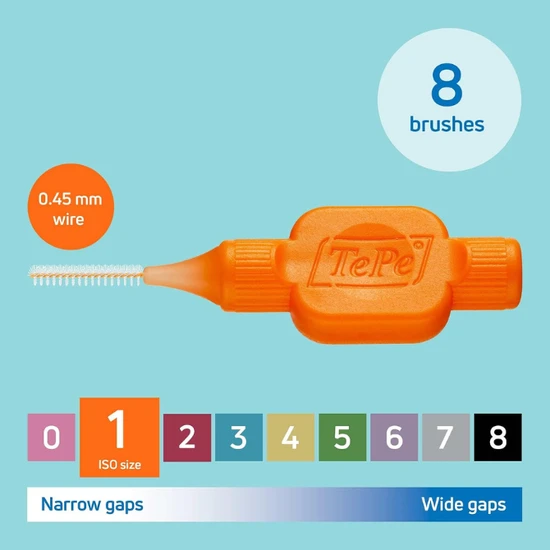 Tepe Interdental Brush Original Plastic Bag With Hanger Orange 0.45Mm, Size 1, 8Pcs