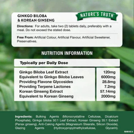 Nature's Truth Gingko Biloba & Korean Ginseng Tablets 60 Tablets