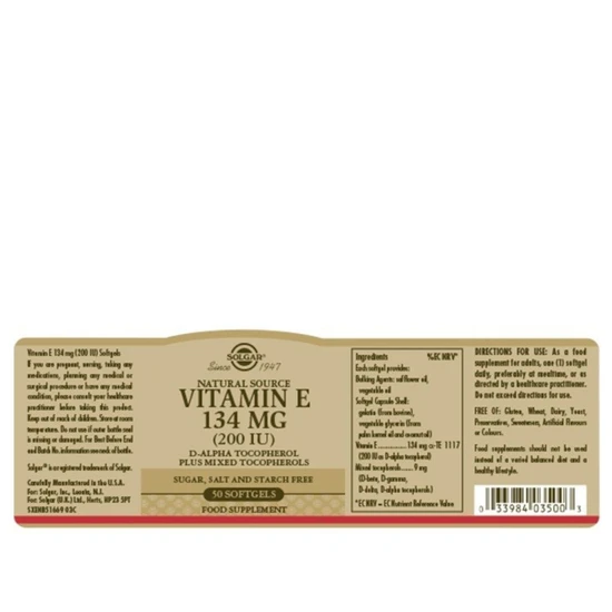 Solgar Vitamin E 134mg 200iu Vegetarian Softgels 50 Softgels