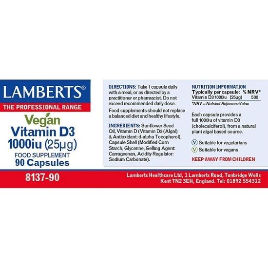 Lamberts Vegan Vitamin D3 1000iu Capsules 90 Capsules